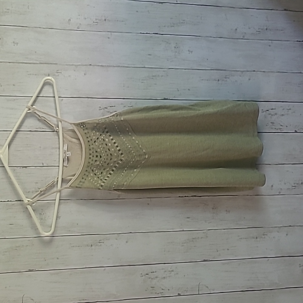 Miss Me Green and beige embroidered top with fly away back. Raw edges. Size M.